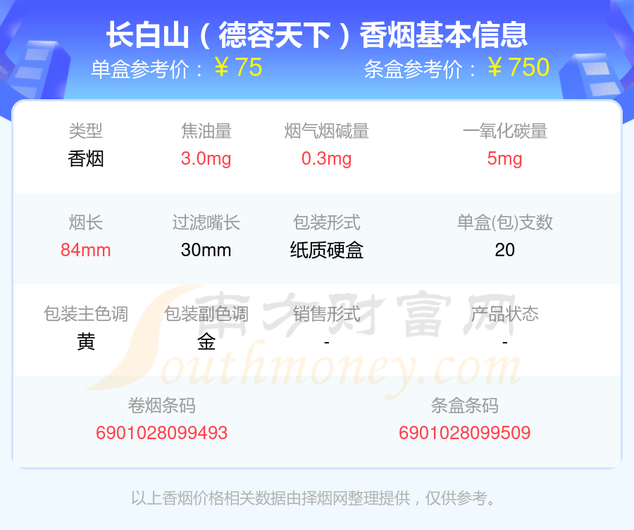 长白山香烟六十到九十元的烟查询一览