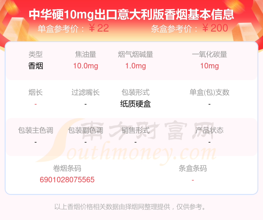 中华硬10mg出口意大利版香烟价格2024多少一条