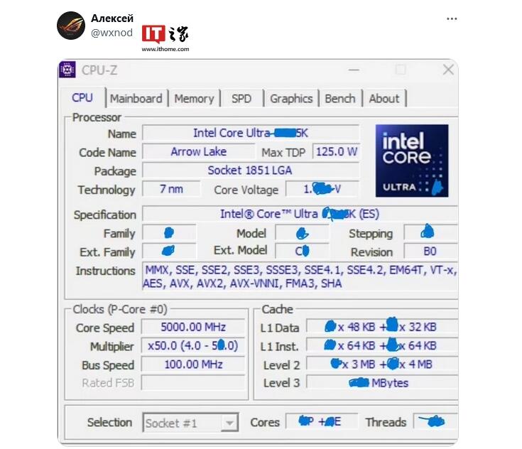 英特尔酷睿Ultra 9 285K处理器曝光：主频5GHz